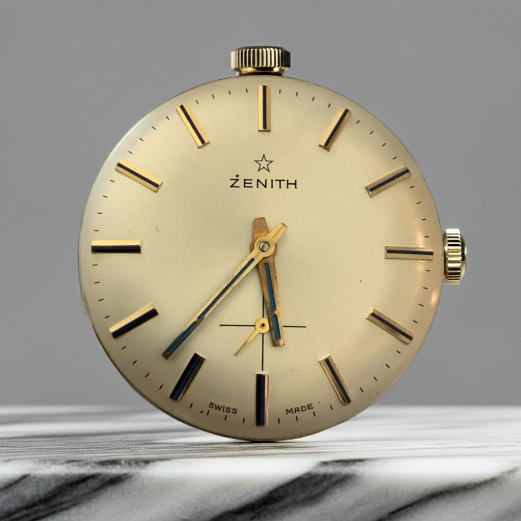 Brand: Zenith Caliber: 2541
Movement: Manual Wind
Jewels: 17 Jewels
Dial: Cream / beige dial with blue hour indicator ring Handes.
